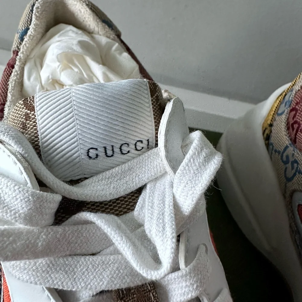 GUCCI Monogram Multicolor Demetra Women’s Rhyton Sneakers Yellow Blue Tobasco - Picture 8 of 10